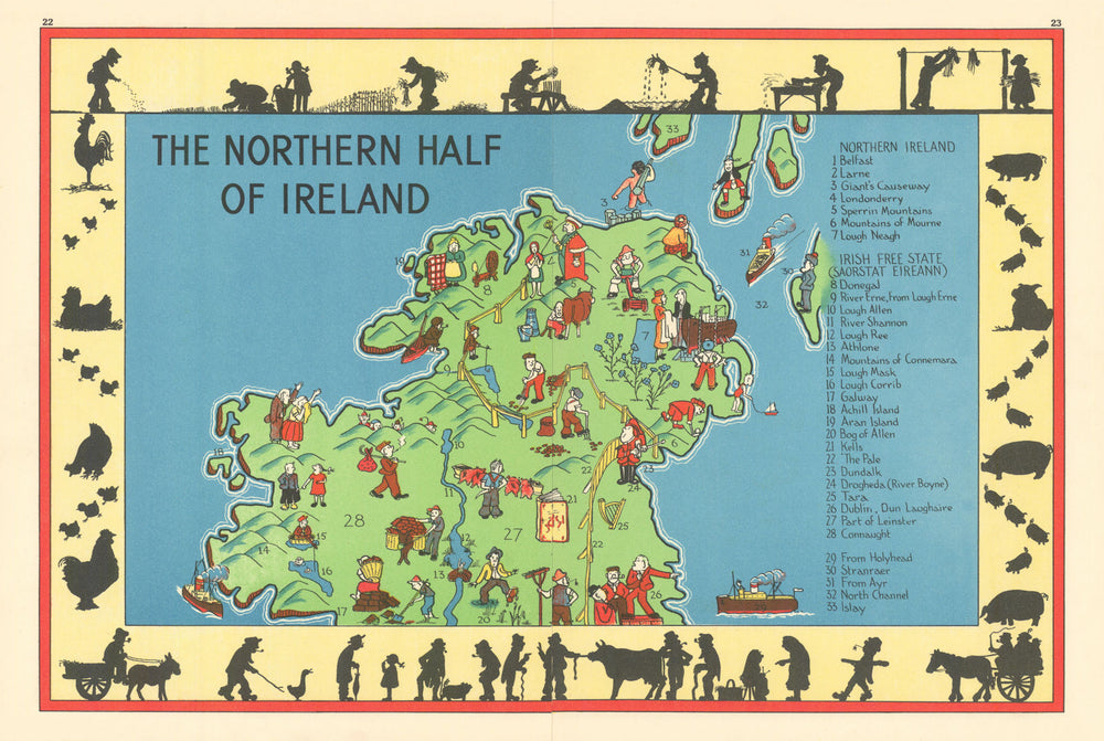 The Northern half of Ireland pictorial map. Ulster. ALNWICK 1937 old