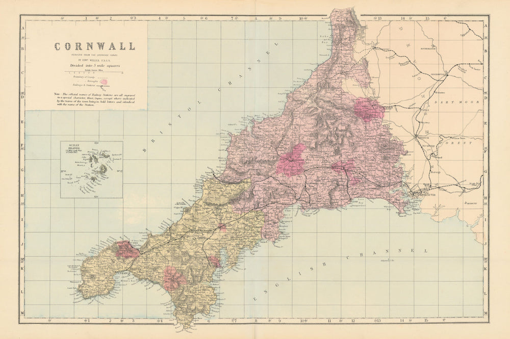 CORNWALL. Antique county map by GW BACON 1884 old plan chart
