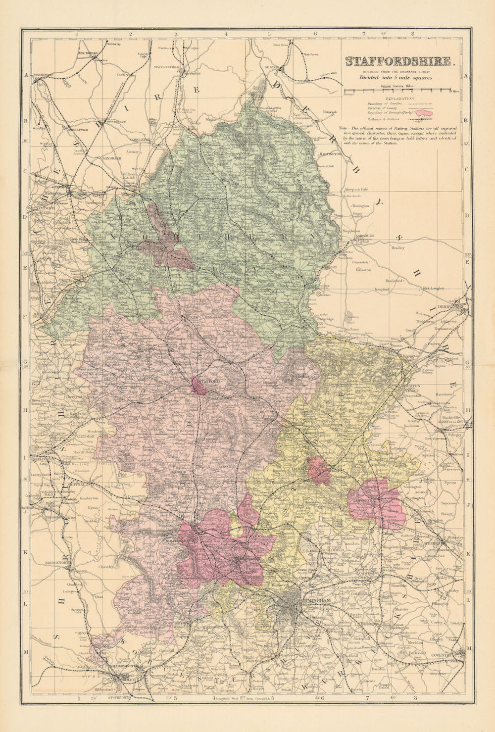 STAFFORDSHIRE. Antique county map by GW BACON 1884 old plan chart