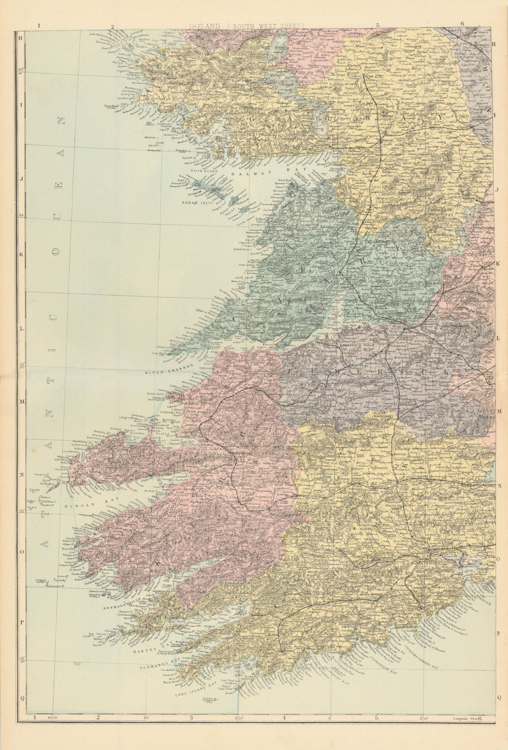 IRELAND (South West). Munster. Cork Kerry Clare Limerick. GW BACON 1884 map