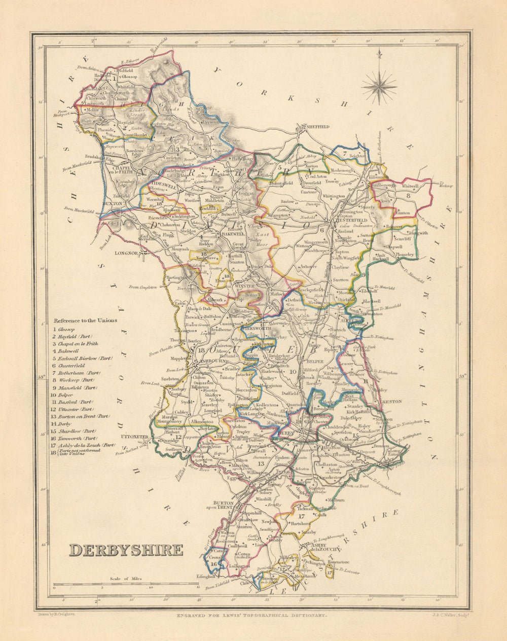 Antique county map of DERBYSHIRE by Creighton & Walker for Lewis c1840 old