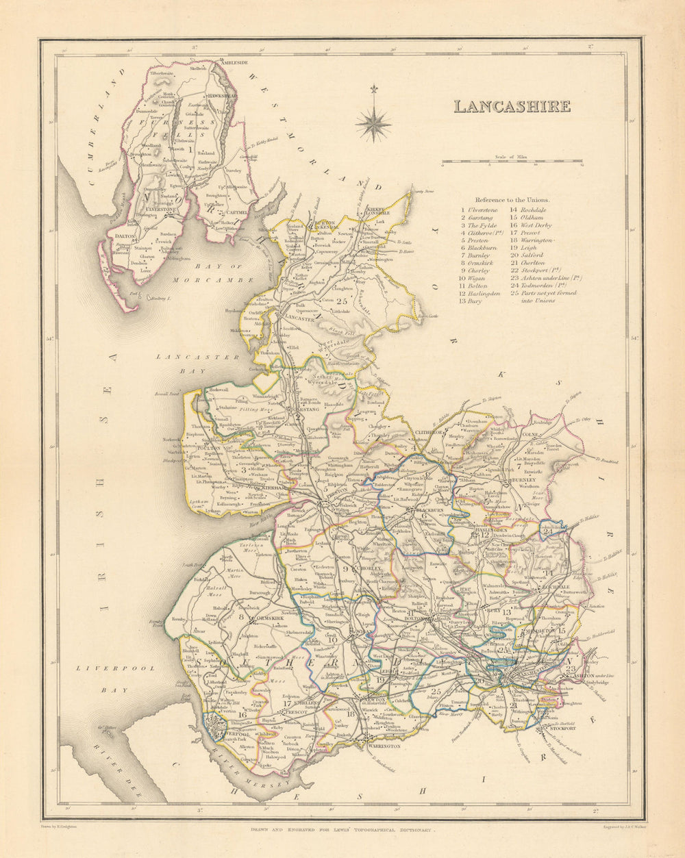 Antique county map of LANCASHIRE by Creighton & Walker for Lewis c1840 old