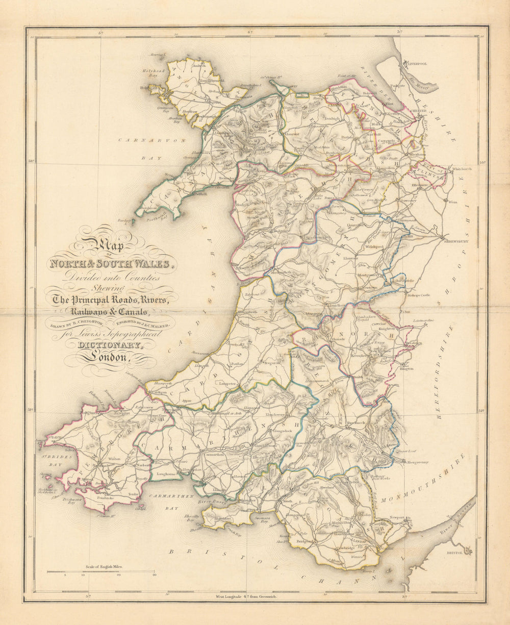 Antique county map of NORTH & SOUTH WALES by Creighton & Walker for Lewis c1840