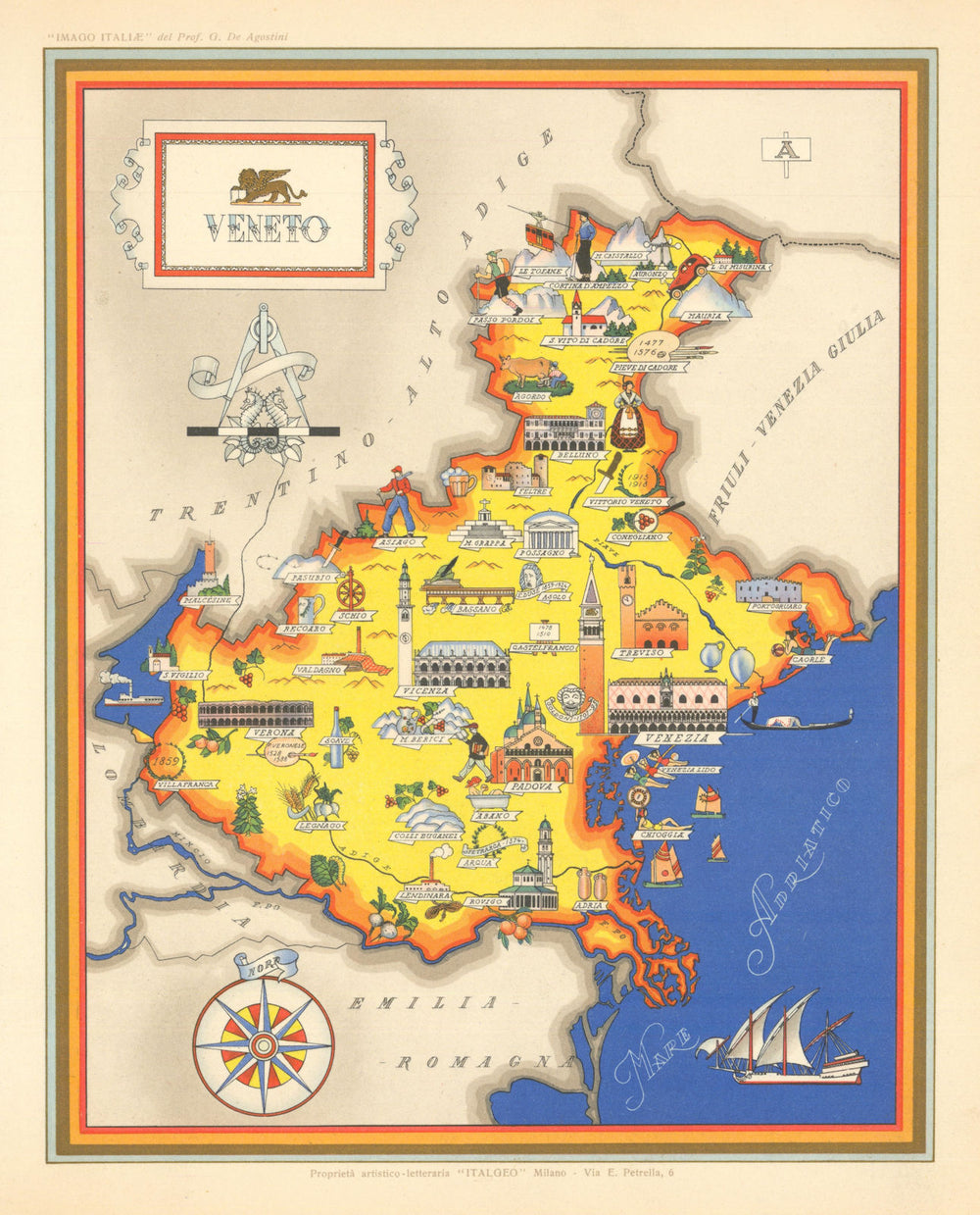 Veneto pictorial map by Vsevolode Nicouline. Italgeo/Agostini c1950 old