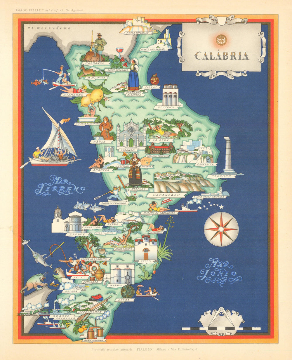 Calabria pictorial map by Vsevolode Nicouline. Italgeo/Agostini c1950 old