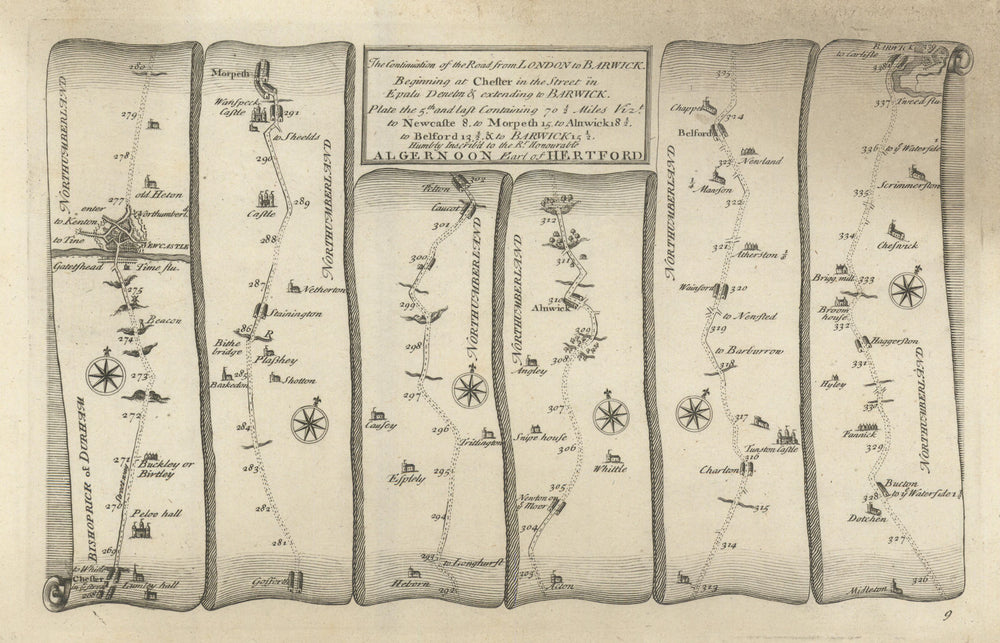 Chester/Street - Newcastle/Tyne - Morpeth - Berwick GARDNER road map #9 1719
