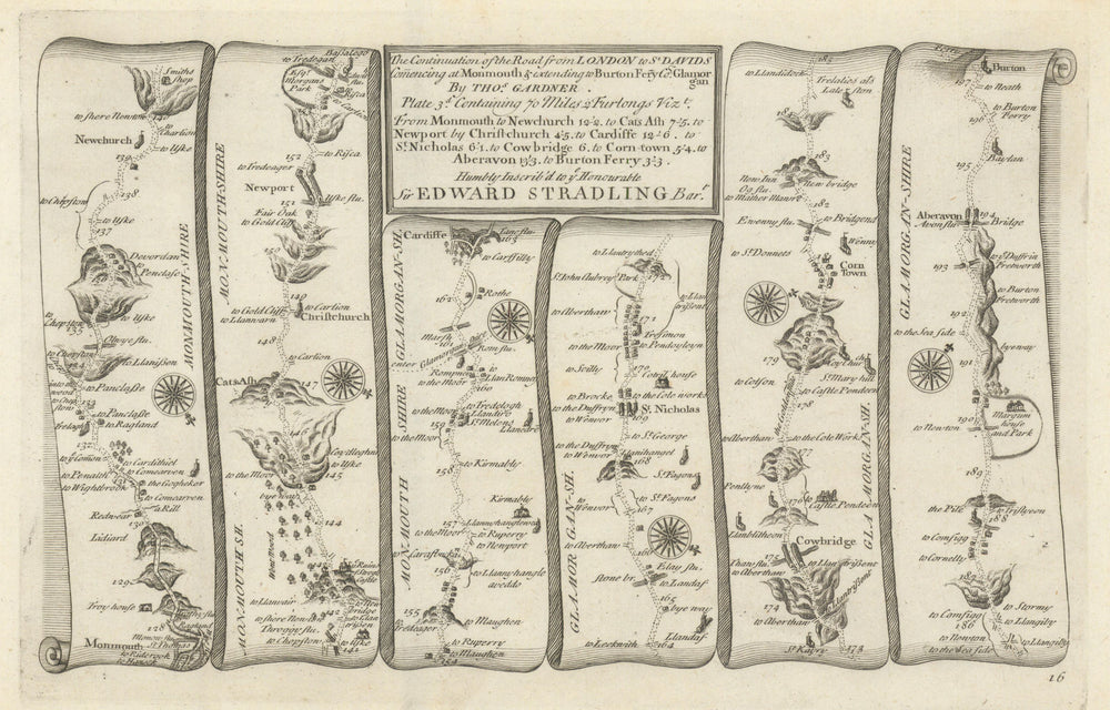 Monmouth - Newport - Cardiff - Port Talbot. GARDNER road map #16 1719 old