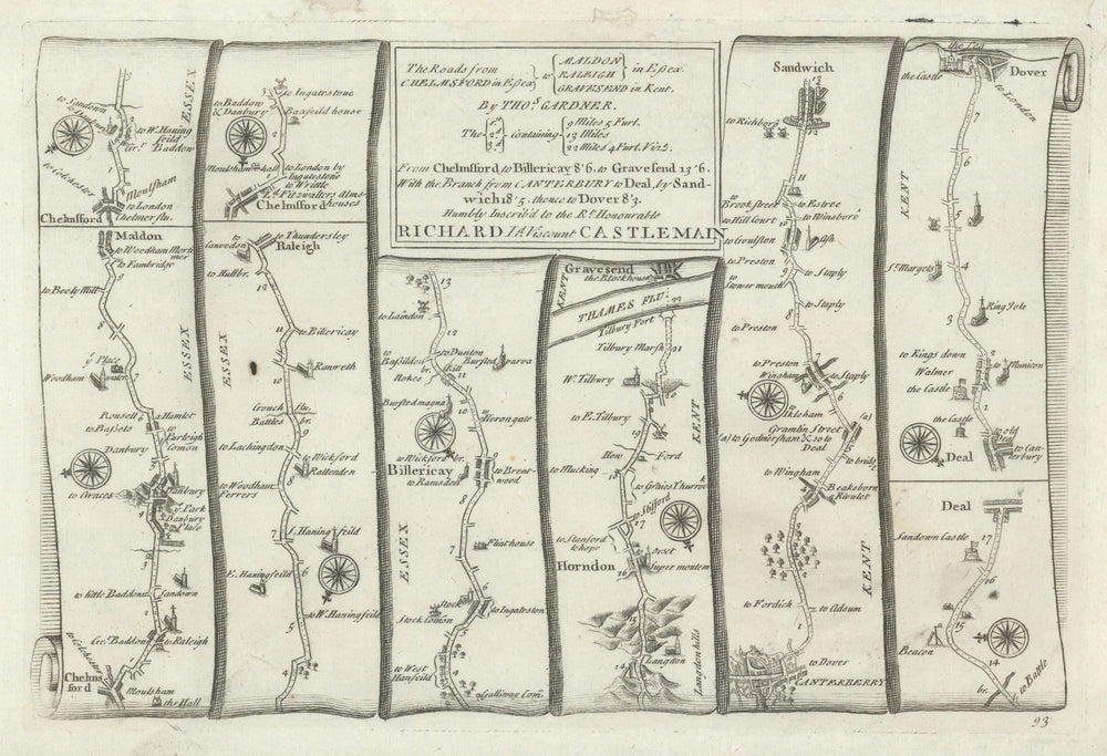Chelmsford-Gravesend-Canterbury-Sandwich-Dover. GARDNER road map #93 1719