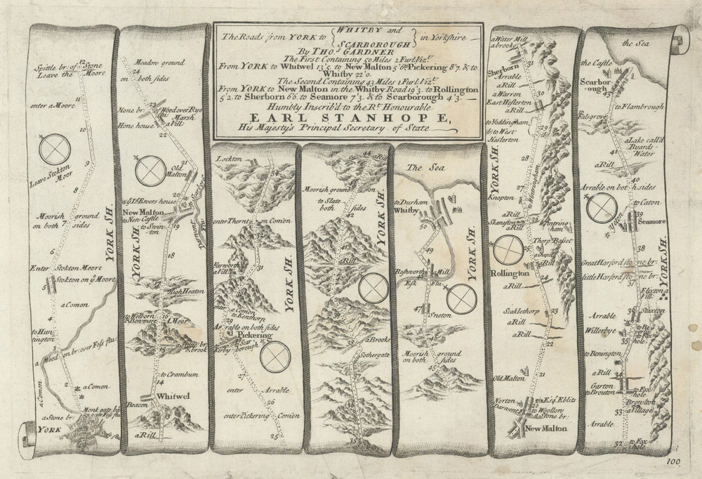York - Malton - Pickering - Whitby / Scarborough. GARDNER road map #100 1719