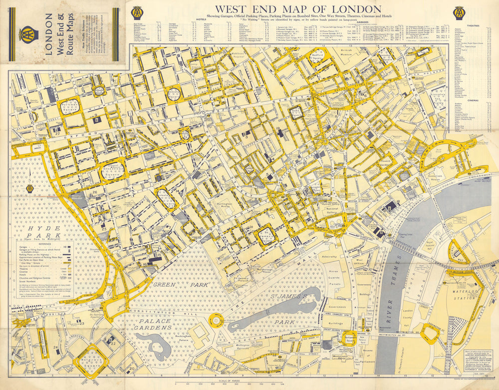 West End map of London, showing… parking places on bombed sites 60x77cm AA 1961