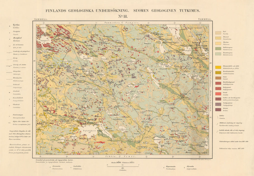 Suomen Geologinen Tutkimus #18 Tammela. Finland Geological Survey 1889 old map
