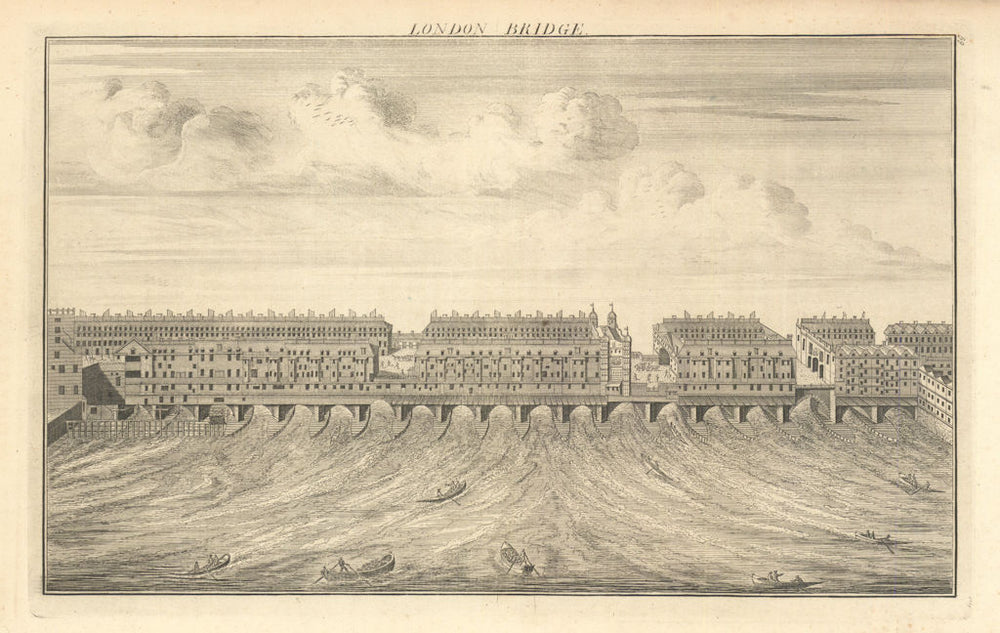 A view of Old London Bridge by William Henry Toms 1760 antique print
