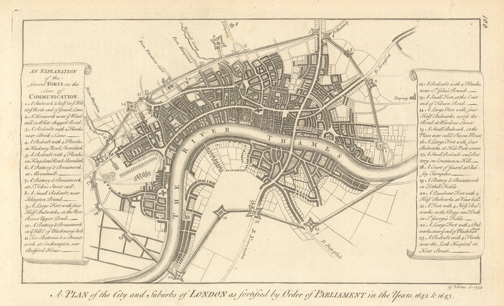 London as fortified by Order of Parliament in the Year 1642/3. VERTUE 1760 map