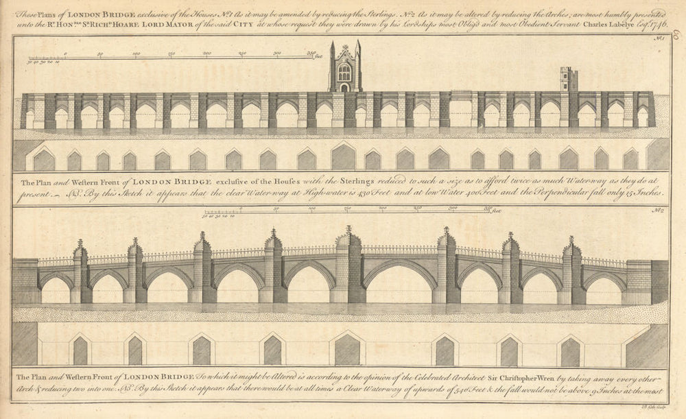 Sir Christopher Wren's plan to rebuild London Bridge, by Benjamin Cole 1760