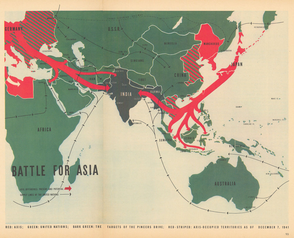 Battle for Asia. The Axis Threat to British India. WW2 Fortune magazine 1942 map