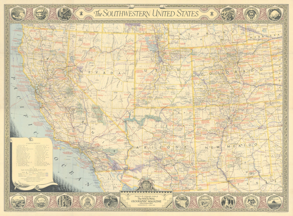 The Southwestern United States by National Geographic 1940 old vintage map