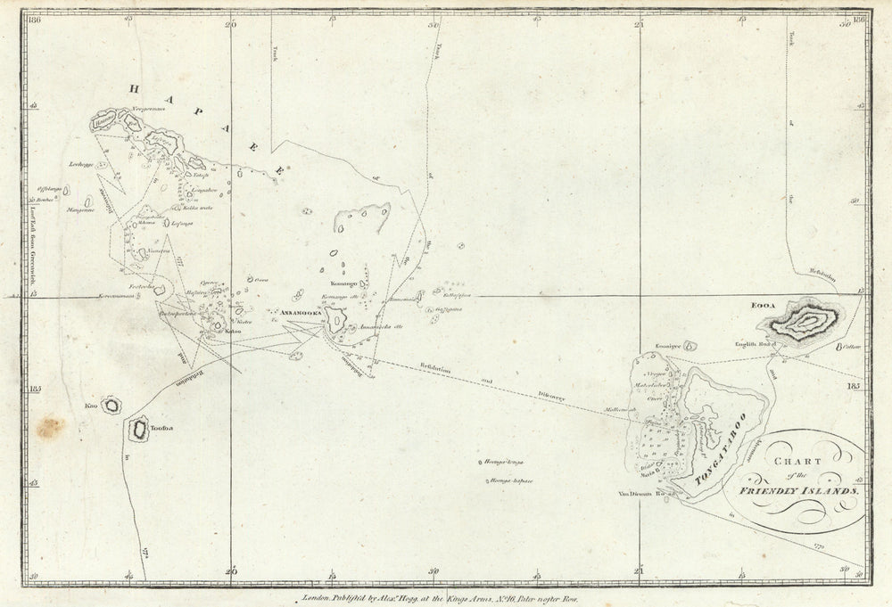 Chart of the Friendly Islands. Cook's discovery of Tonga. HOGG 1784 old map