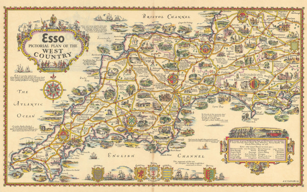 Esso pictorial plan of the The West Country by A.E. Taylor c1934 old map