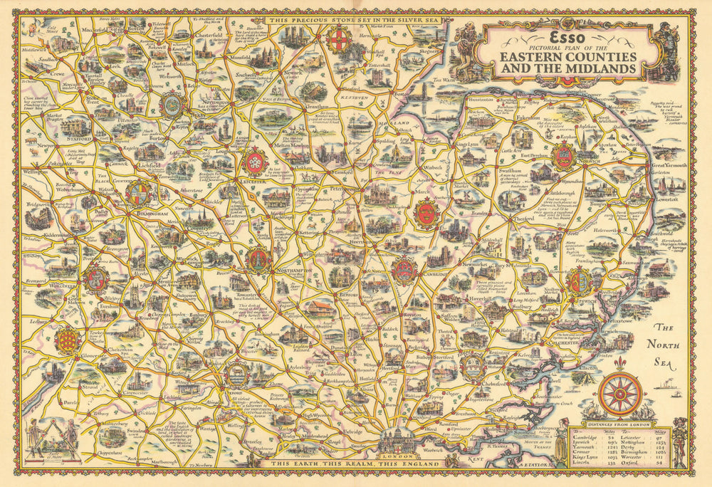 Esso pictorial plan of the Eastern Counties & Midlands by A.E. Taylor c1934 map