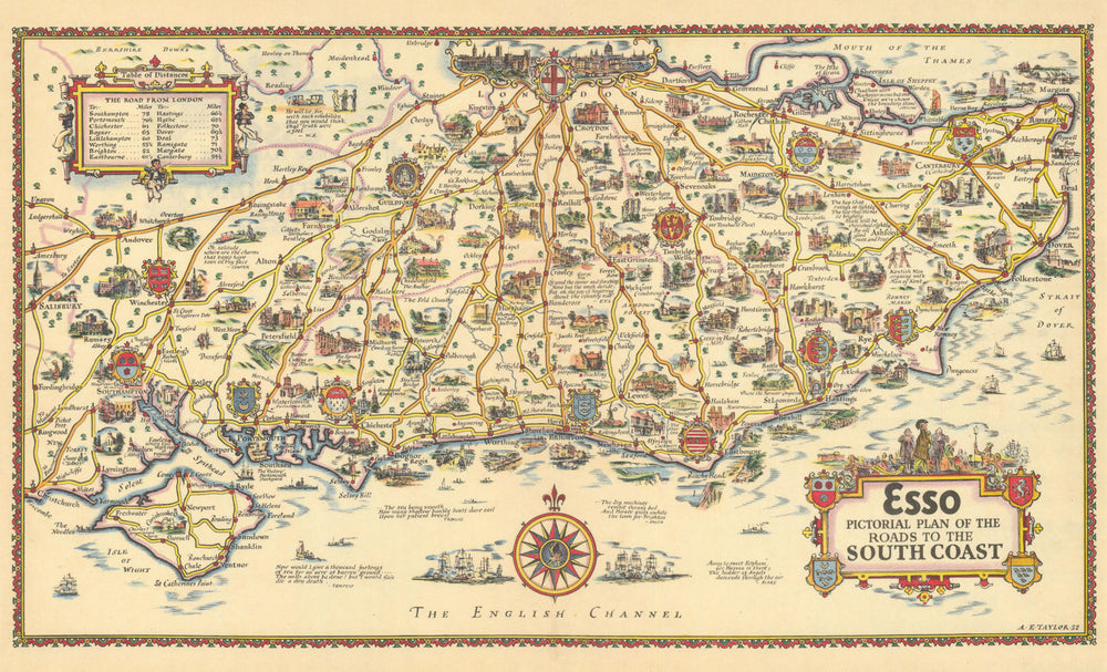 Esso pictorial plan of the roads to the South Coast by A.E. Taylor c1934 map