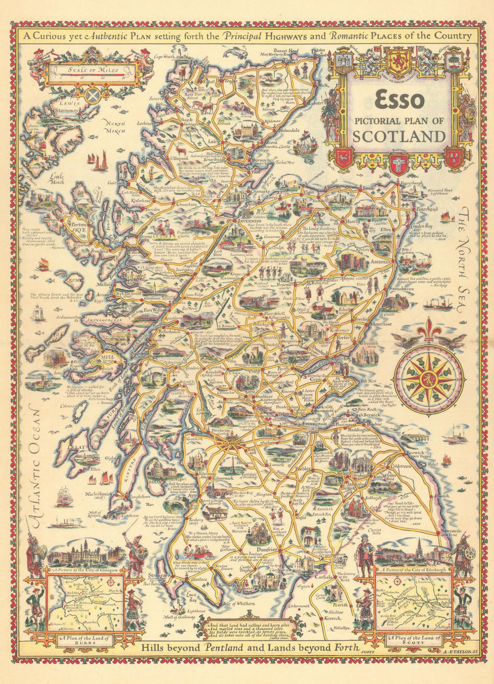 Esso pictorial plan of Scotland by A.E. Taylor c1934 old vintage map chart