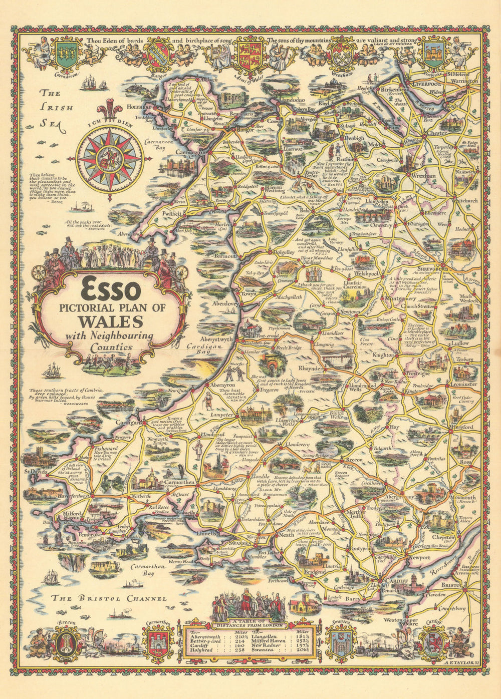 Esso pictorial plan of Wales with Neighbouring Counties by A.E. Taylor c1934 map