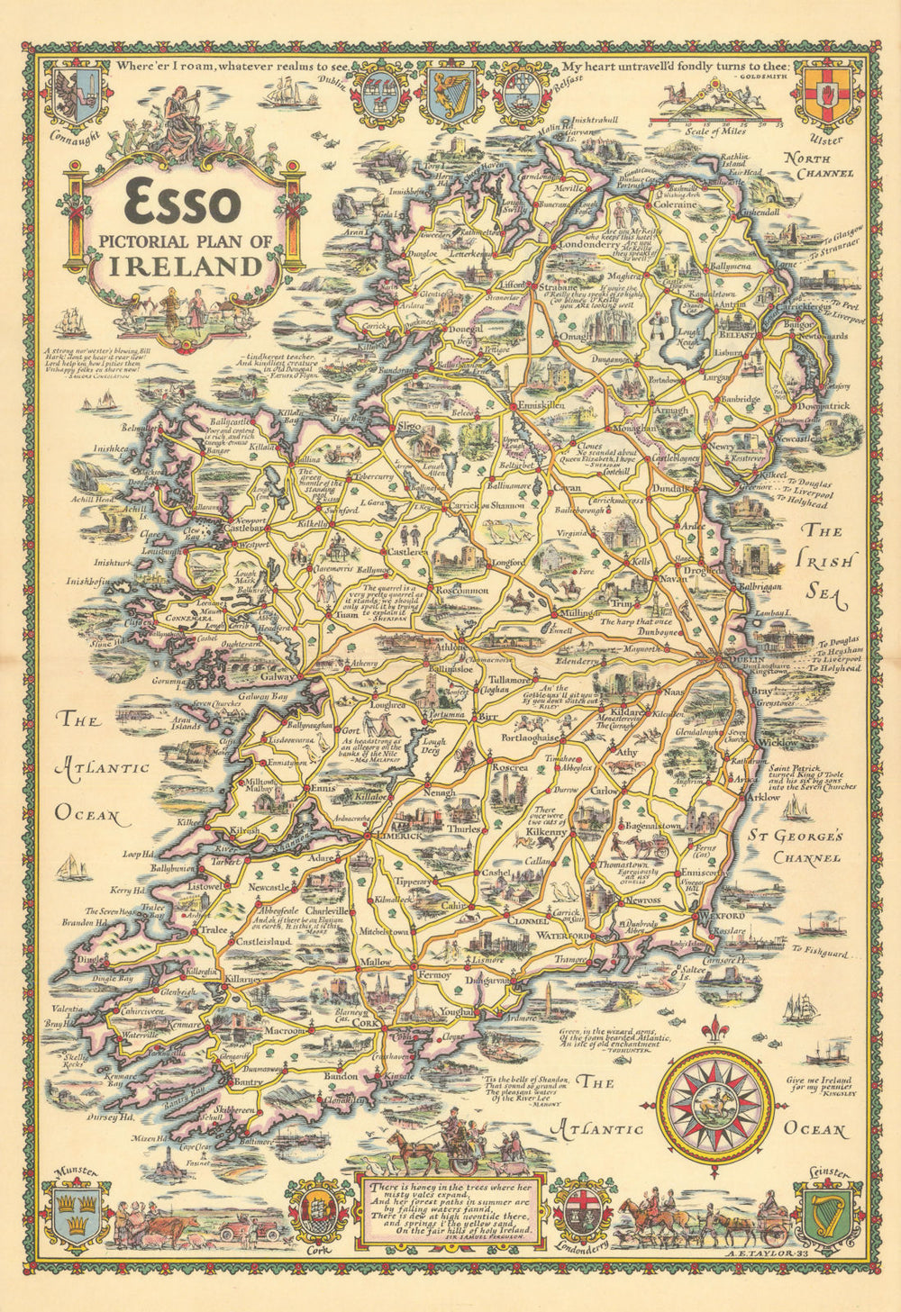 Esso pictorial plan of Ireland by A.E. Taylor c1934 old vintage map chart