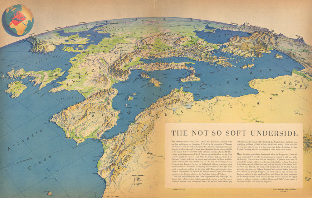 The Not-so Soft Underside by Richard Edes Harrison. Mediterranean 1943 old map