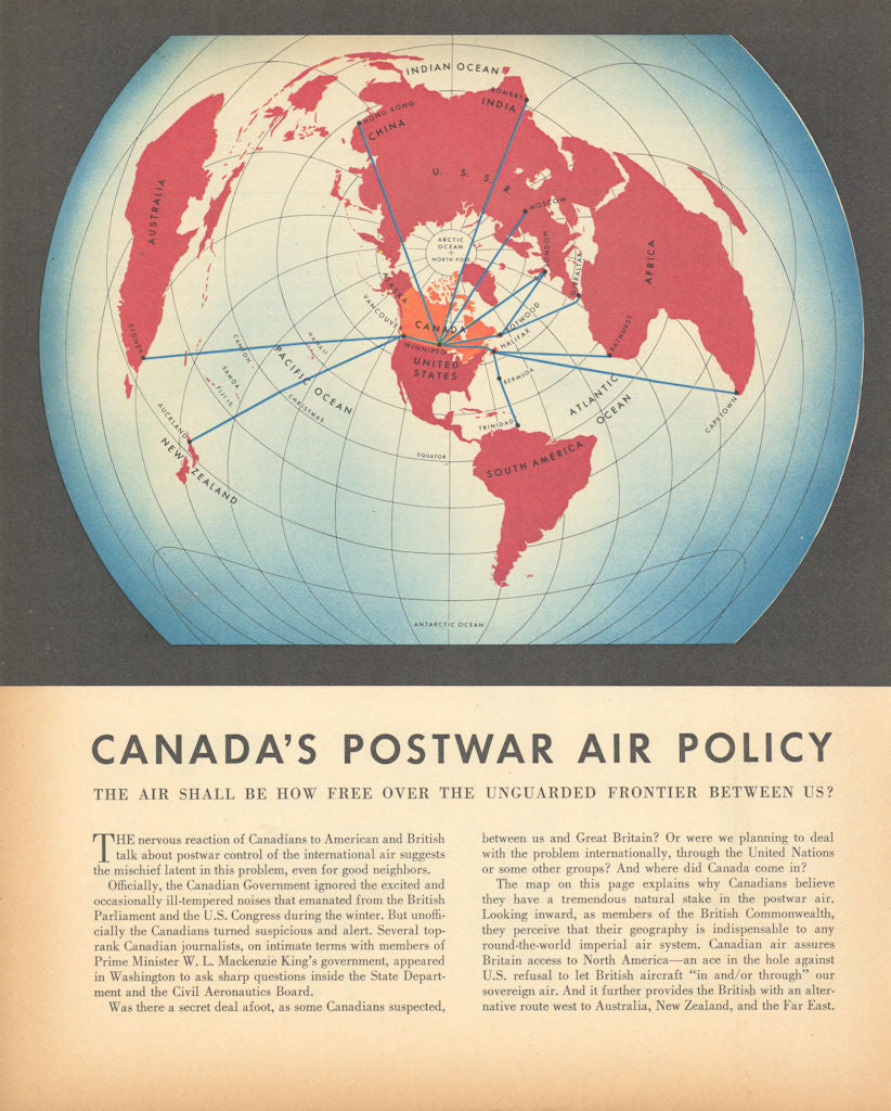 Canada's postwar air policy - The air shall be how free? 1943 old vintage map