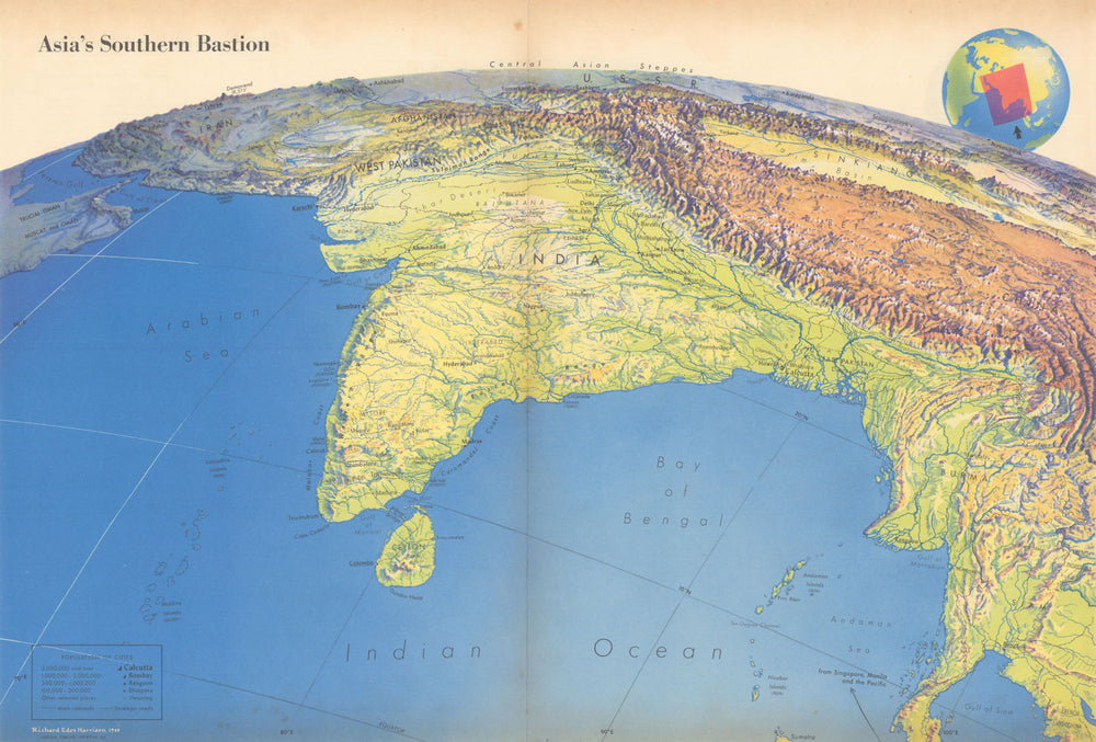 Asia's Southern Bastion by Richard Edes Harrison. Cold war geostrategic map 1950