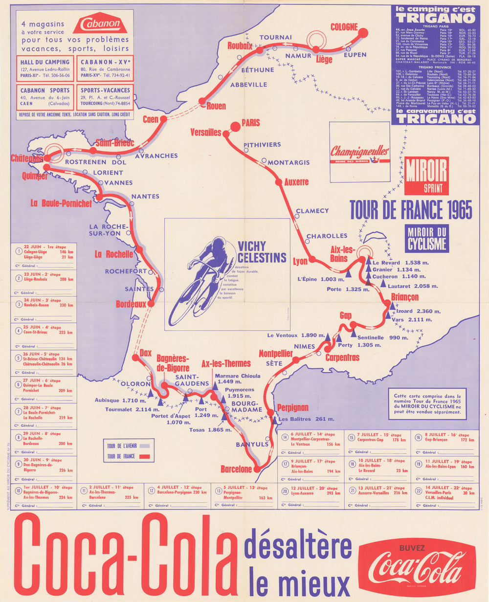 Tour de France - Miroir du Cyclisme. Cycling route poster map 60 x 50 cm 1965