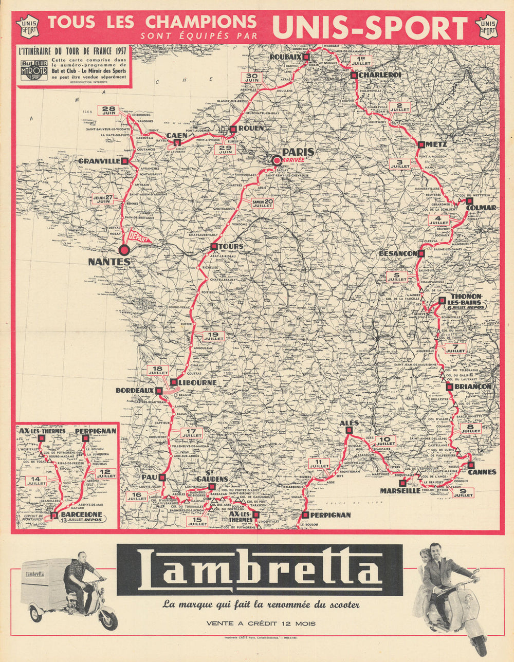 L'Itinéraire du Tour de France - Le Miroir des Sports. Cycling route map 1957