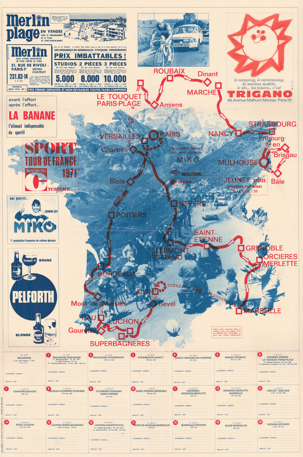Tour de France - Miroir du Cyclisme. Cycling route poster map 89x59cm 1971