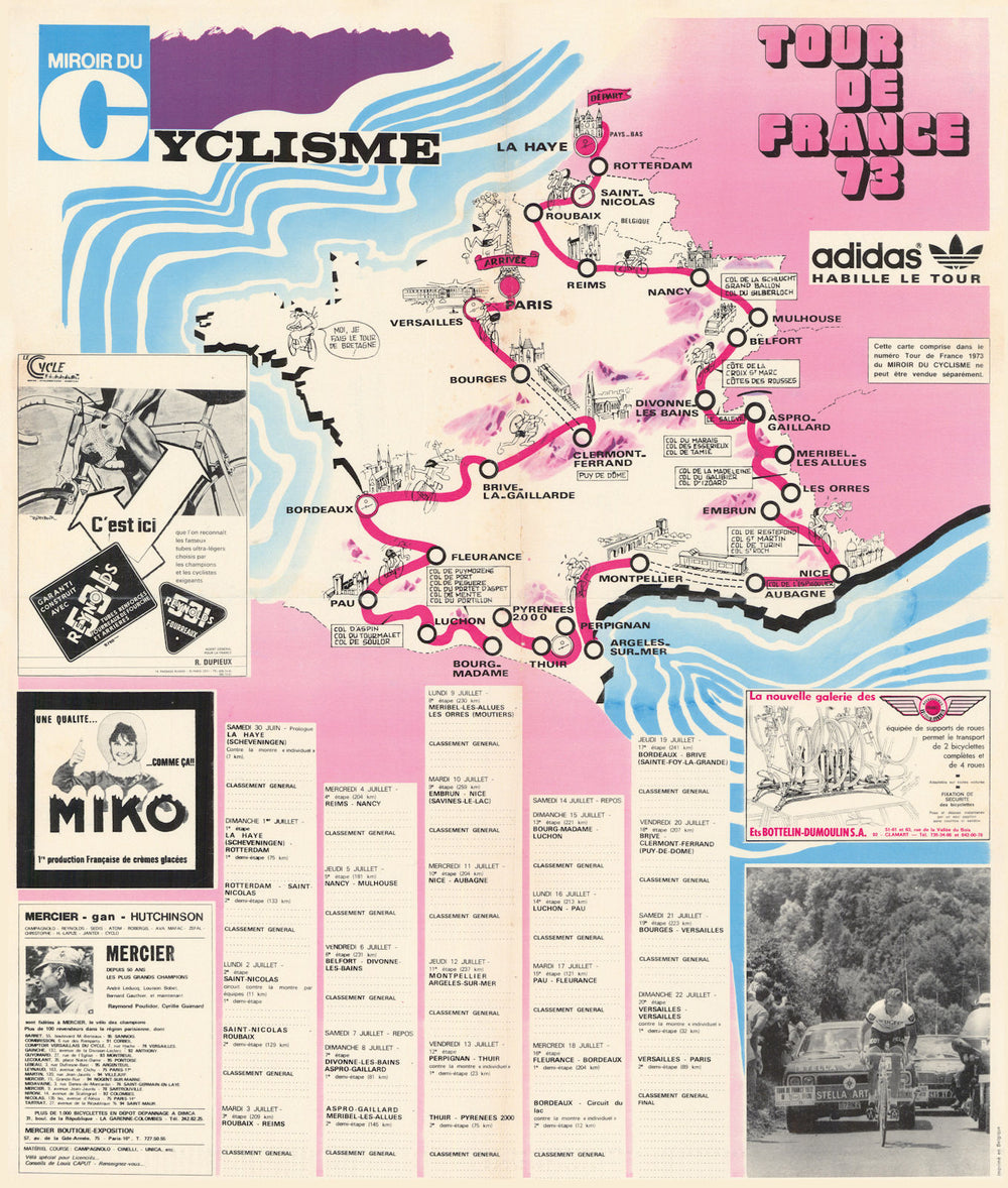 Tour de France - Miroir du Cyclisme. Cycling route poster map 58x49cm 1973