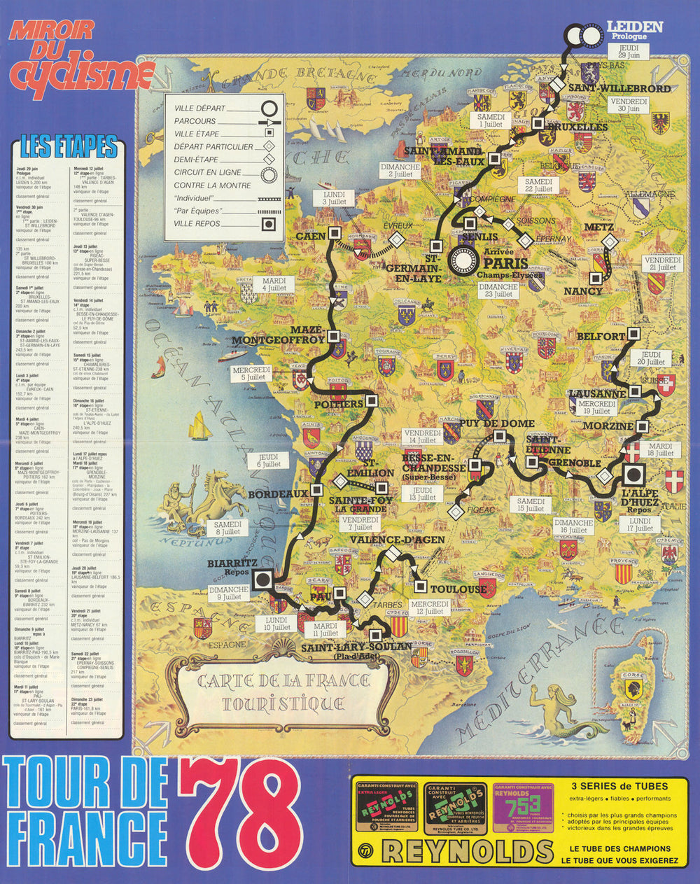 Tour de France - Miroir du Cyclisme. Cycling route poster map 57x45cm 1978