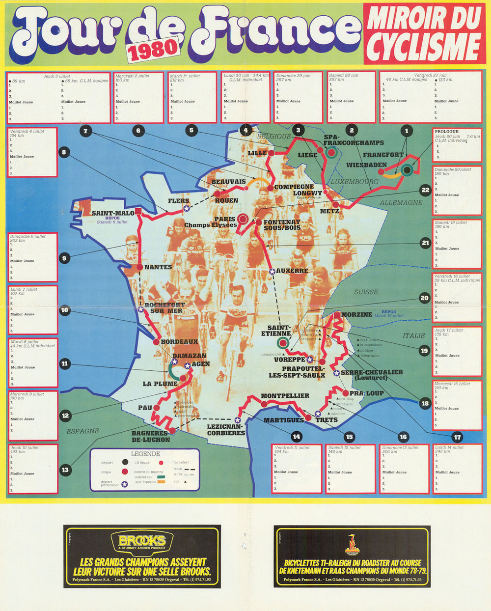 Tour de France - Miroir du Cyclisme. Cycling route poster map 57x46cm 1980