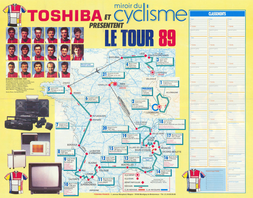 Tour de France - Miroir du Cyclisme. Cycling route poster map 58x45cm 1989