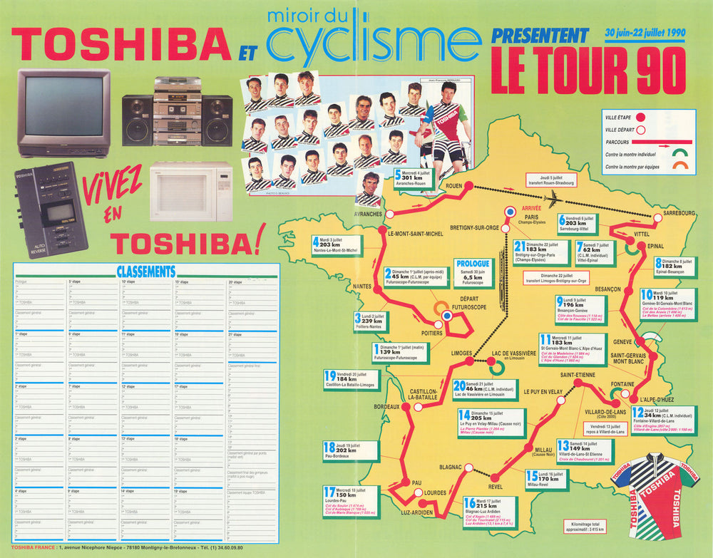 Tour de France - Miroir du Cyclisme. Cycling route poster map 58x45cm 1990