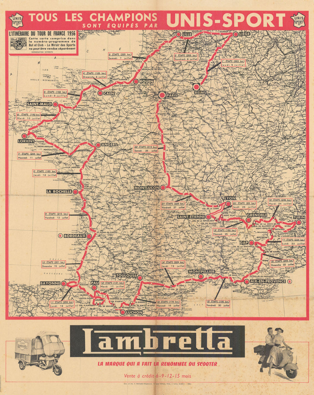 L'Itinéraire du Tour de France - Le Miroir des Sports. Cycling route map 1956