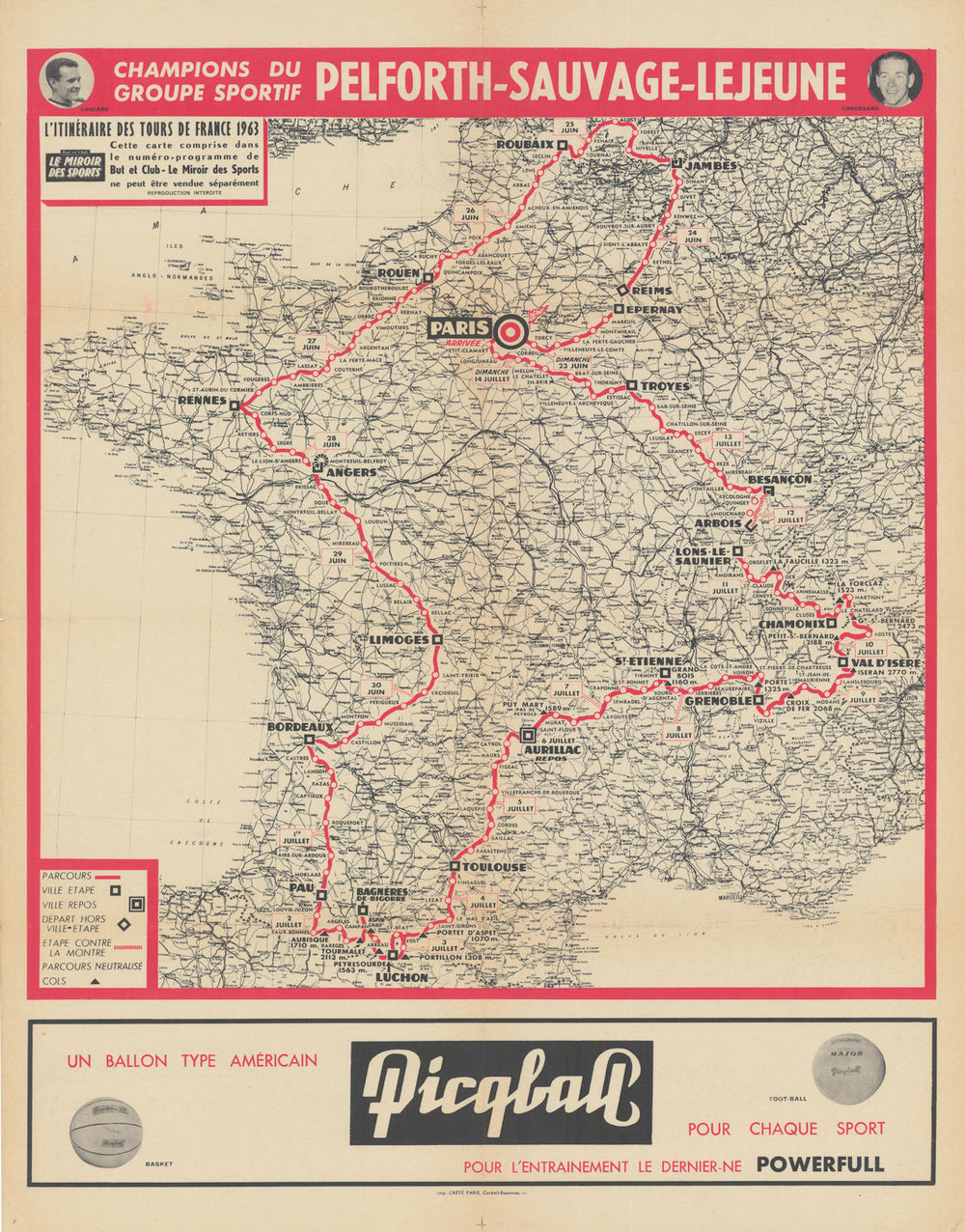L'Itinéraire du Tour de France - Le Miroir des Sports. Cycling route map 1963