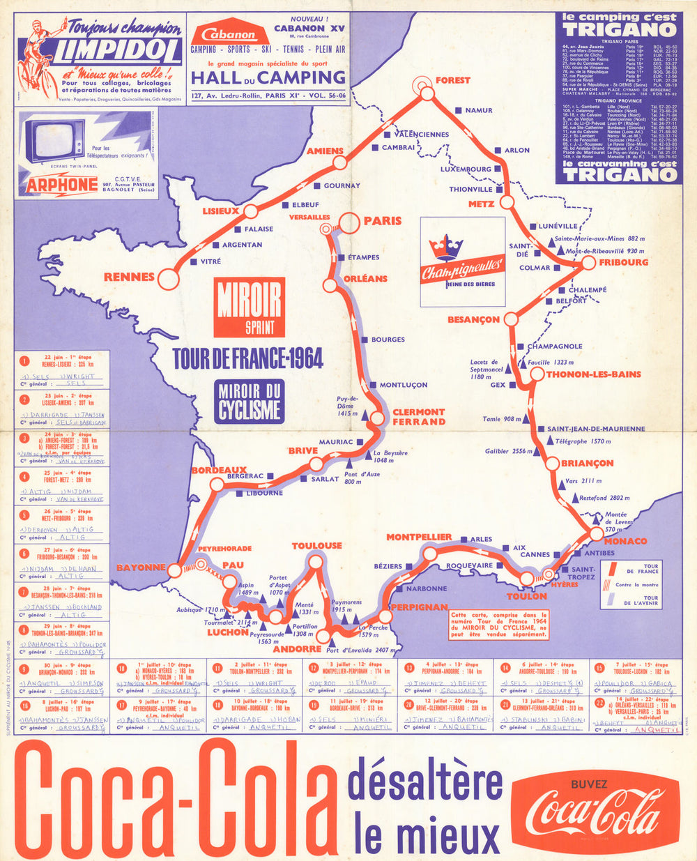 Tour de France - Miroir du Cyclisme. Cycling route poster map 60 x 49 cm 1964