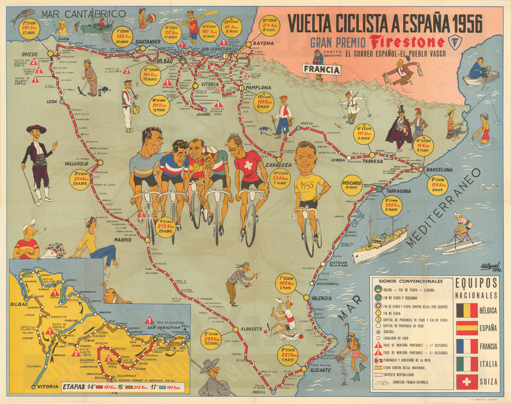 Vuelta Ciclista a España Mapa Oficial. Pictorial cycling road race map 1956