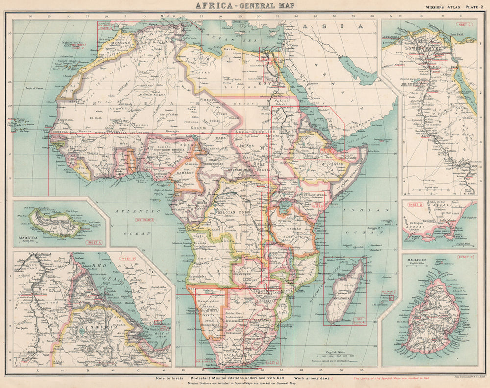 AFRICA Egypt Madeira Eritrea Aden Mauritius Protestant Mission Stations 1911 map