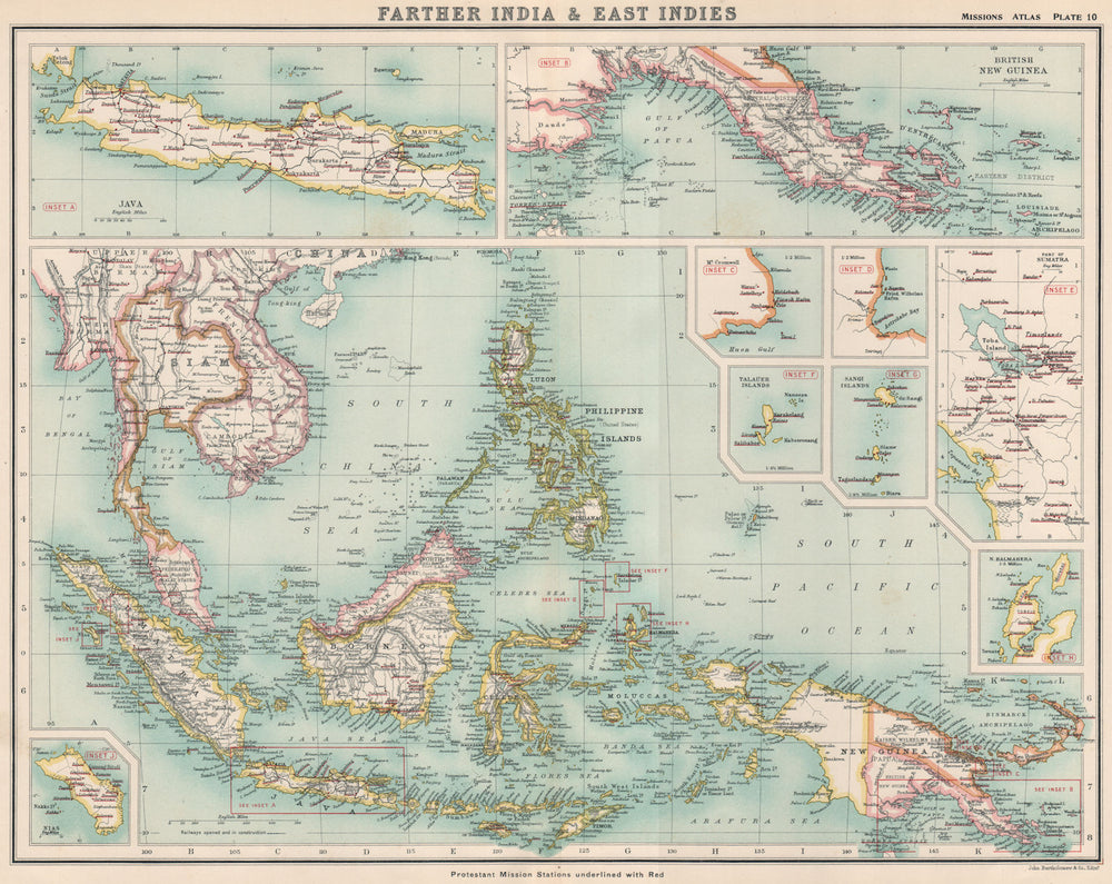 INDOCHINA & EAST INDIES PROTESTANT MISSION STATIONS. New Guinea Java 1911 map