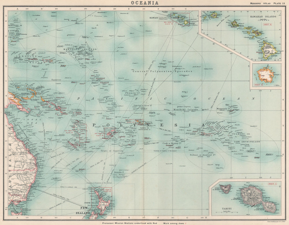 OCEANIA PACIFIC POLYNESIA. Protestant Mission Stations. Hawaii Tahiti 1911 map