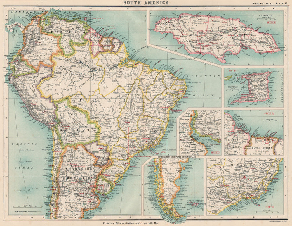 SOUTH AMERICA PROTESTANT MISSIONS. Jamaica Trinidad Br. Guiana Brazil 1911 map