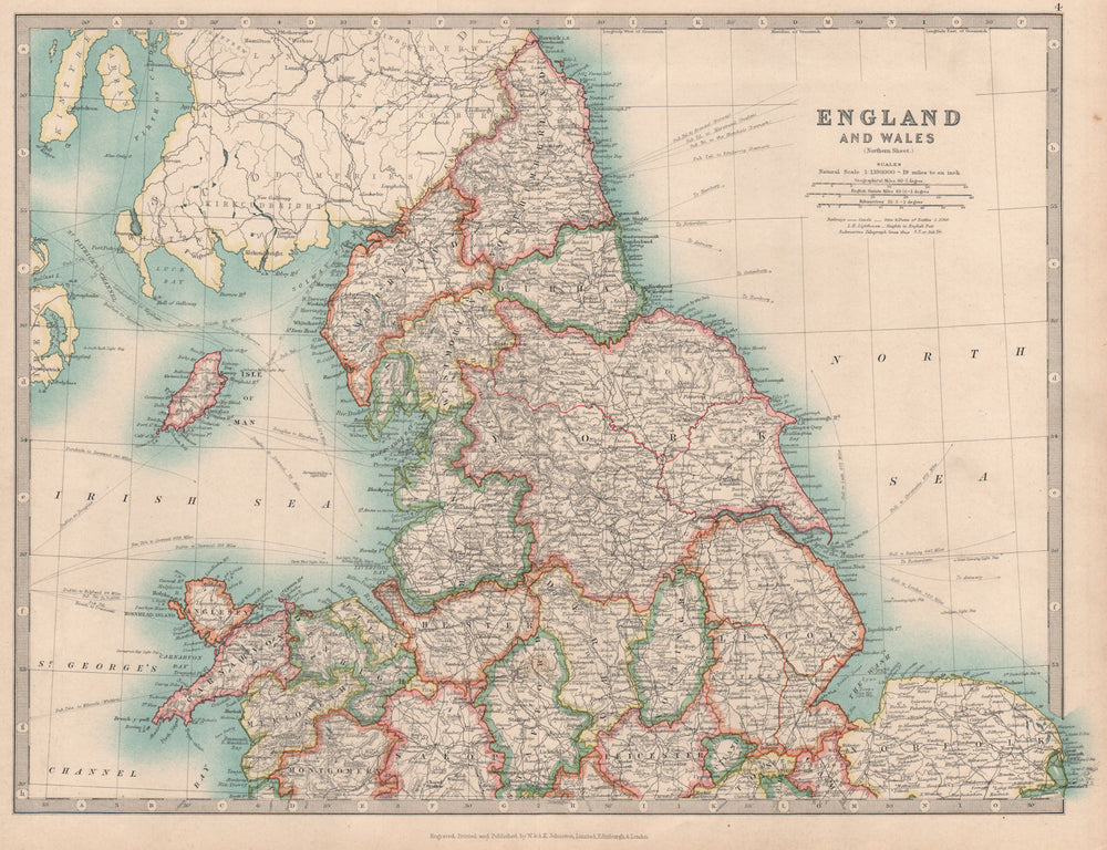 NORTHERN ENGLAND & WALES Yorkshire Ridings Lincolnshire Parts. JOHNSTON 1912 map