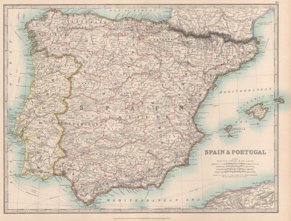 SPAIN & PORTUGAL showing Napoleonic battlefields & dates. JOHNSTON 1912 map