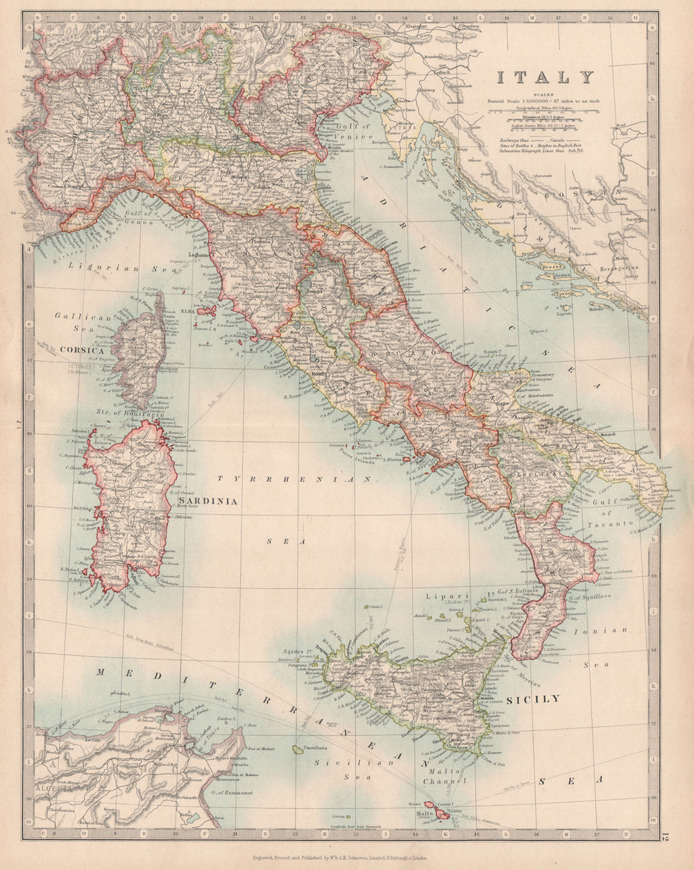ITALY. Railways. Key battlefields & dates. JOHNSTON 1912 old antique map chart
