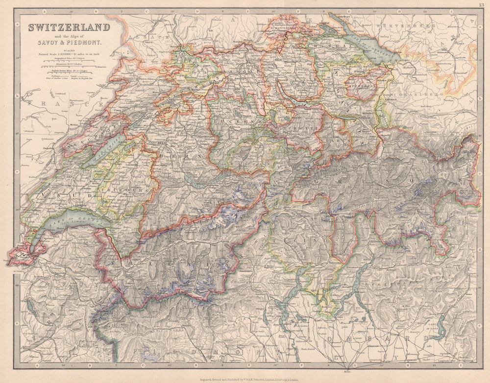 SWITZERLAND, SAVOIE & PIEDMONT ALPS. Glaciers marked in blue. JOHNSTON 1912 map